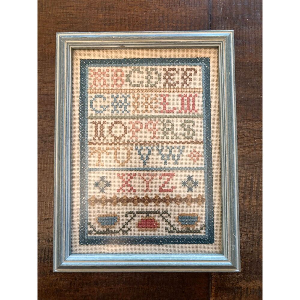 Vintage Framed Alphabet Cross Stitch Sampler ABC Wall Decor Folk Art Framed 8x10